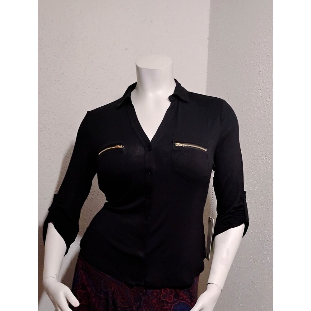 New, Women's Black Button-Front  Blouse with Gold Zippers, Plus Size 1X